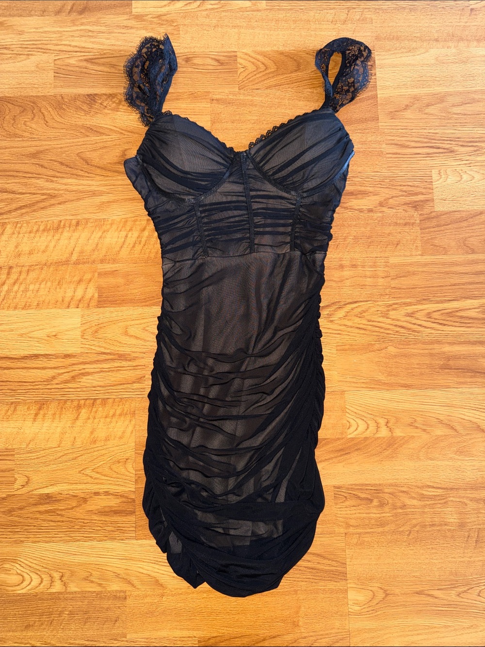Fashion Nova Black Lace-Trim Mesh Slip Dress